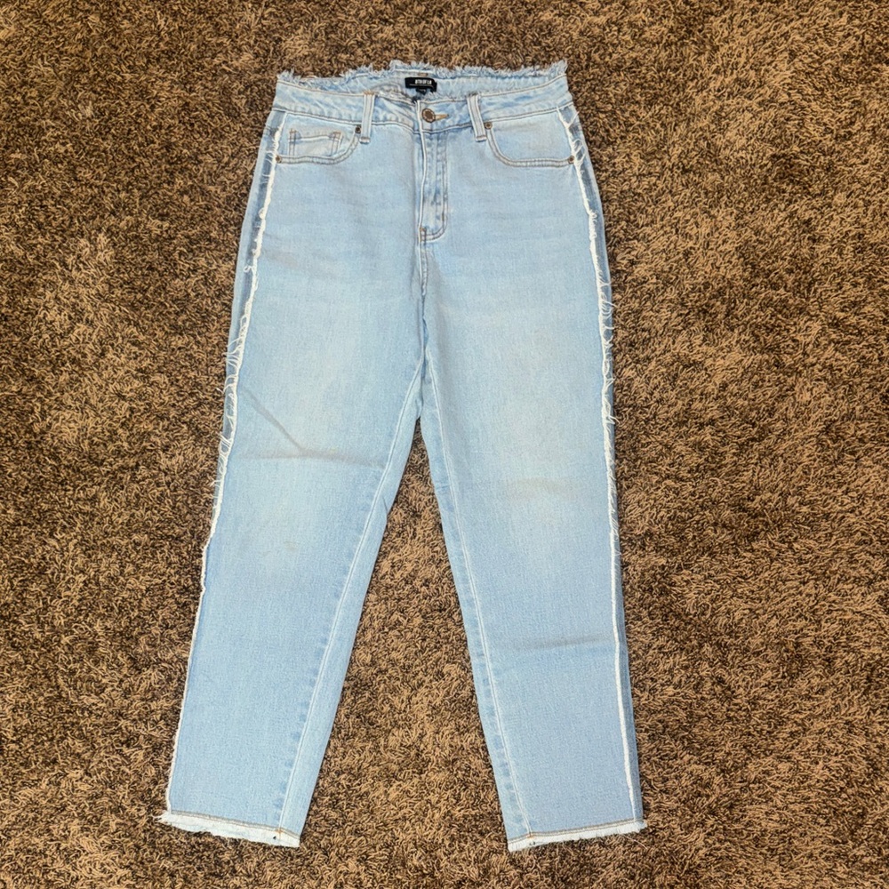 High-Rise Light Blue Frayed Side Seam Womens Jeans